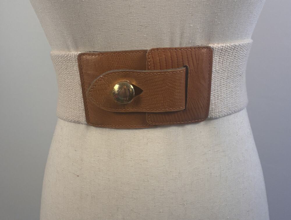 Vintage Calderon Wide Elastic Stretch Belt Tan Lizard Embossed Leather USA Small